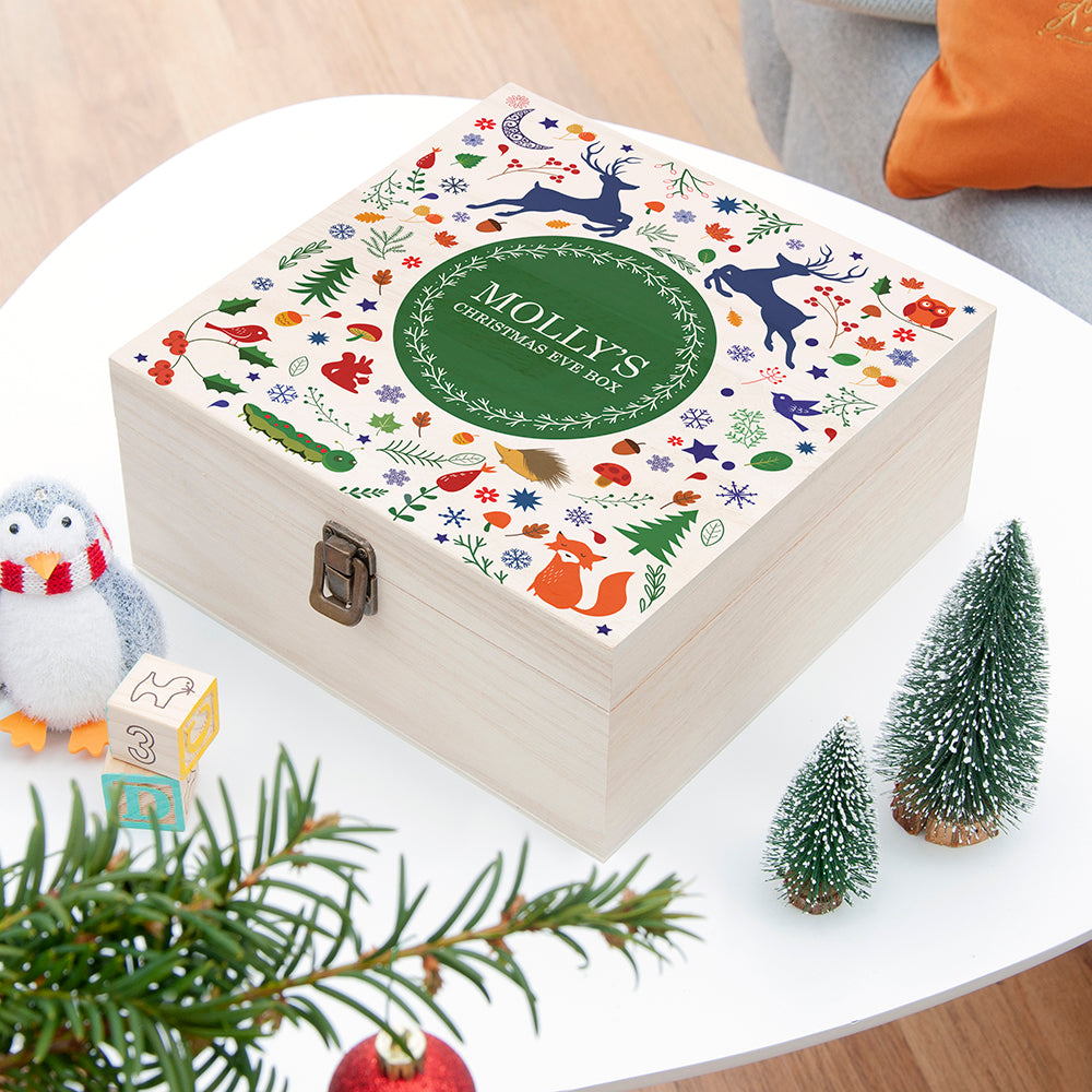 Personalised Festive Woodland Green Christmas Eve Box - Medium