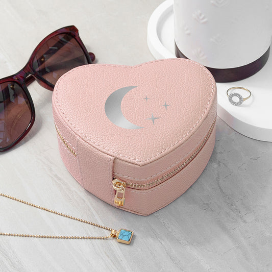 Moon and Stars Pink Heart Travel Jewellery Case