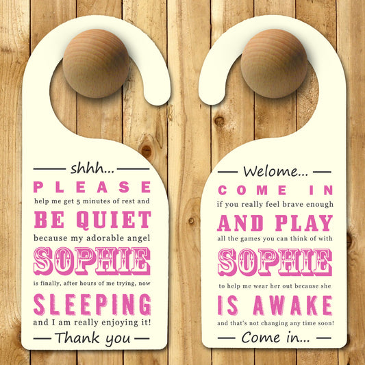 Personalised Baby Door Hanger in Pink