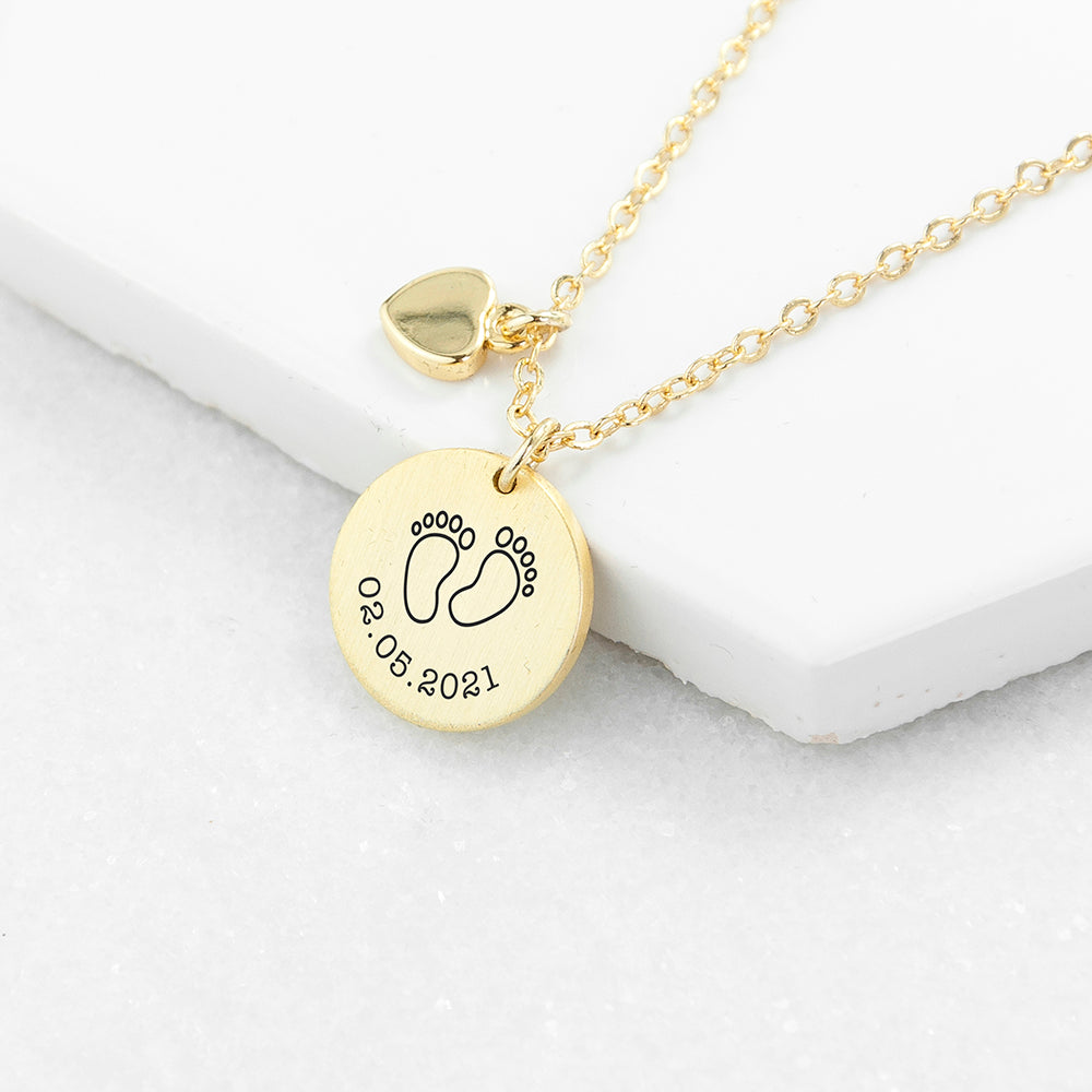 Personalised Baby Feet Matte Heart & Disc Necklace