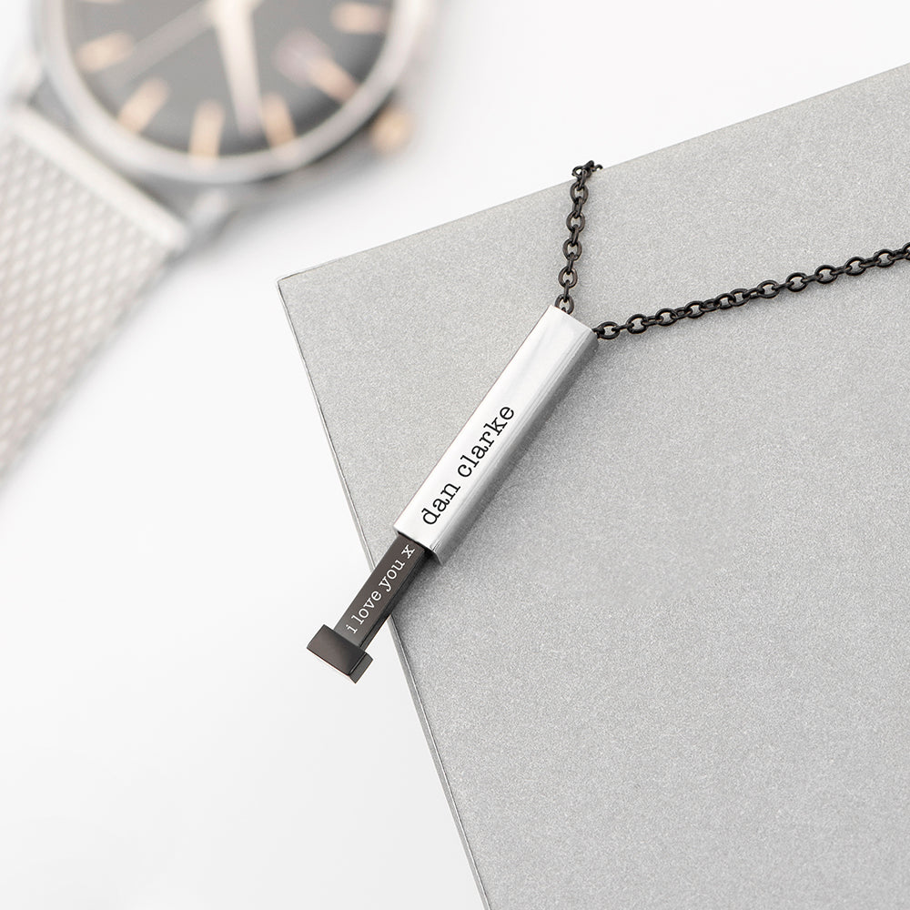 Personalised Black and Silver Square Hidden Message Capsule Men's Necklace