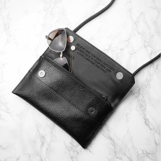Personalised Black Leather Clutch Bag