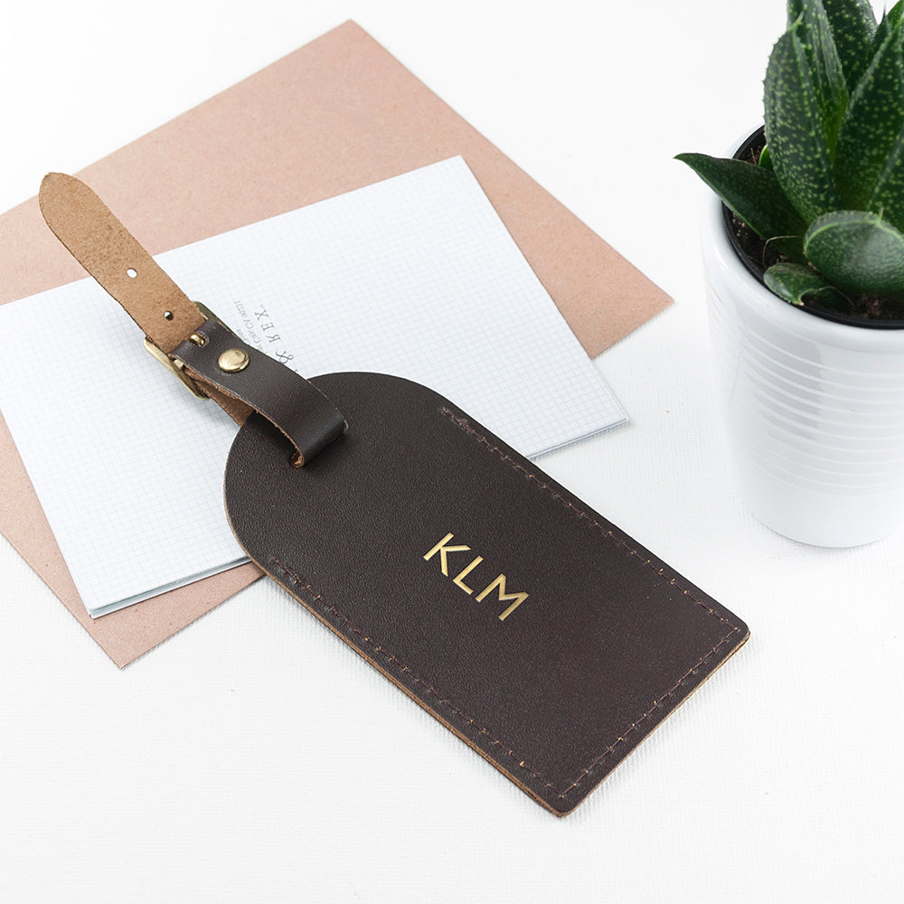 Personalised Brown Foiled Leather Luggage Tag