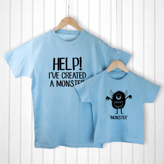 Personalised Daddy and Me Little Monster Blue T-Shirts 