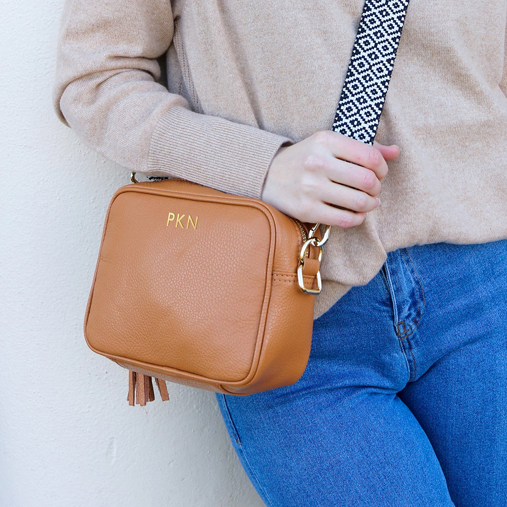 Personalised Elie Beaumont Tan Bag with Knitted Diamond Strap