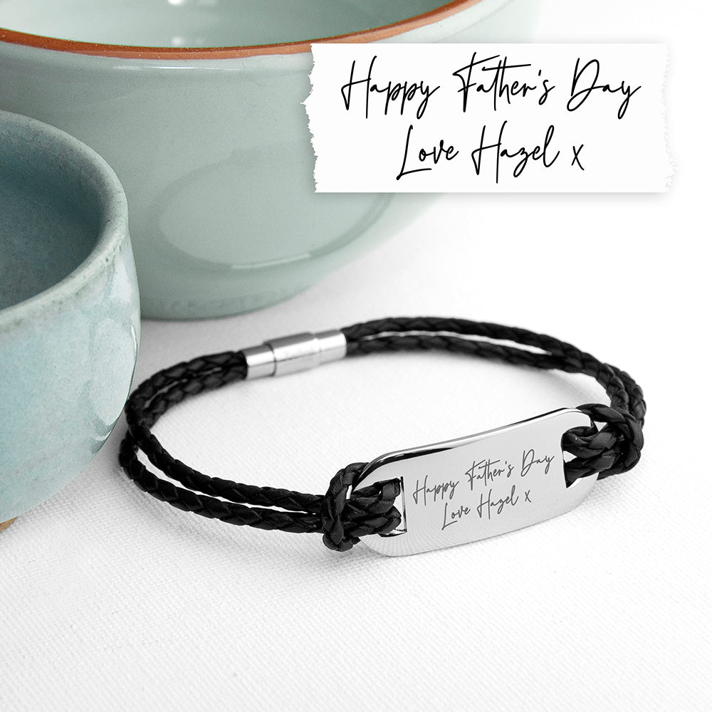 Personalised Handwriting Mens Black Leather Bracelet