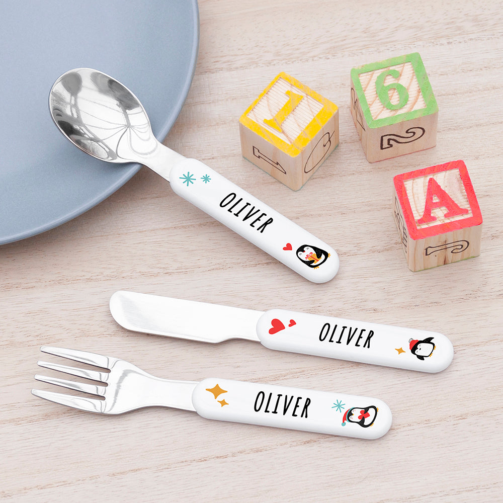 Personalised Kids Winter Penguin Cutlery Set - Metal