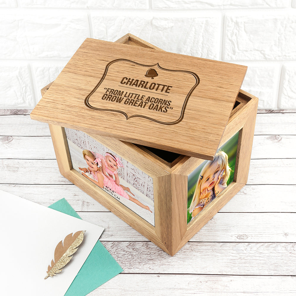 Personalised Little Acorn Midi Oak Photo Cube Keepsake Box