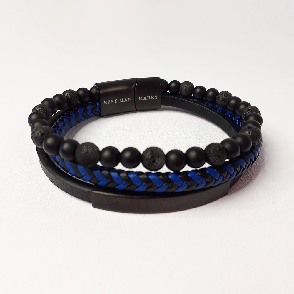 Personalised Men's Black Stone and Blue Cord Bracelet