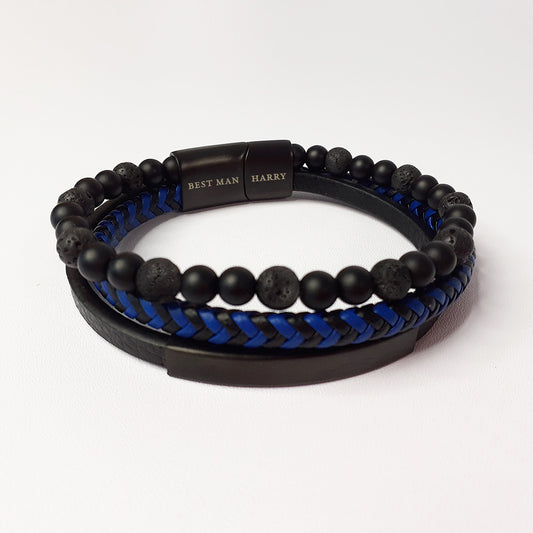 Personalised Men's Black Stone and Blue Cord Bracelet