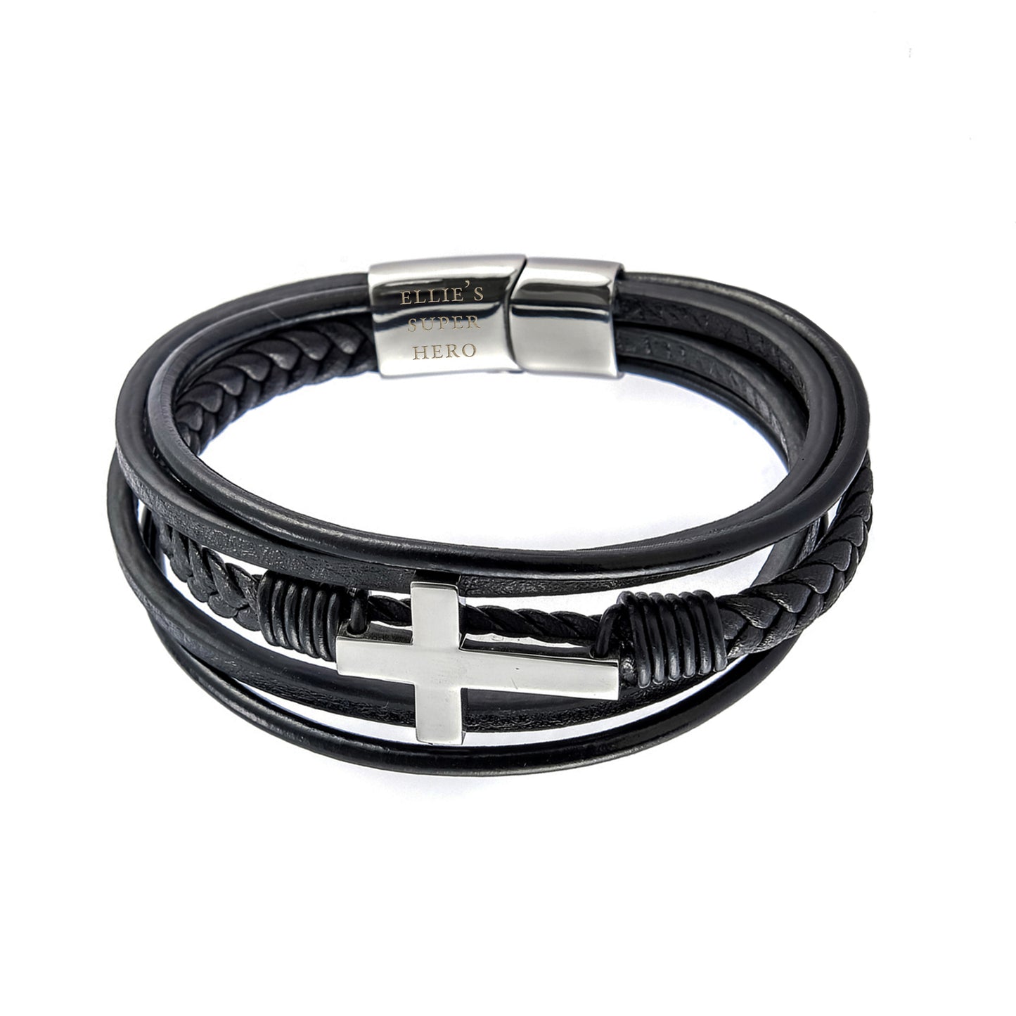 Personalised Men's Cross Black Leather Stacked Bracelet