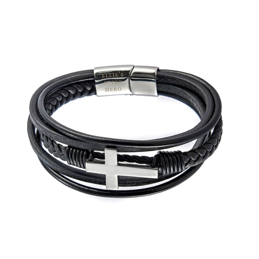 Personalised Men's Cross Black Leather Stacked Bracelet