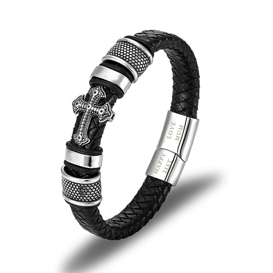 Personalised Men's Gothic Cross Leather Bracelet
