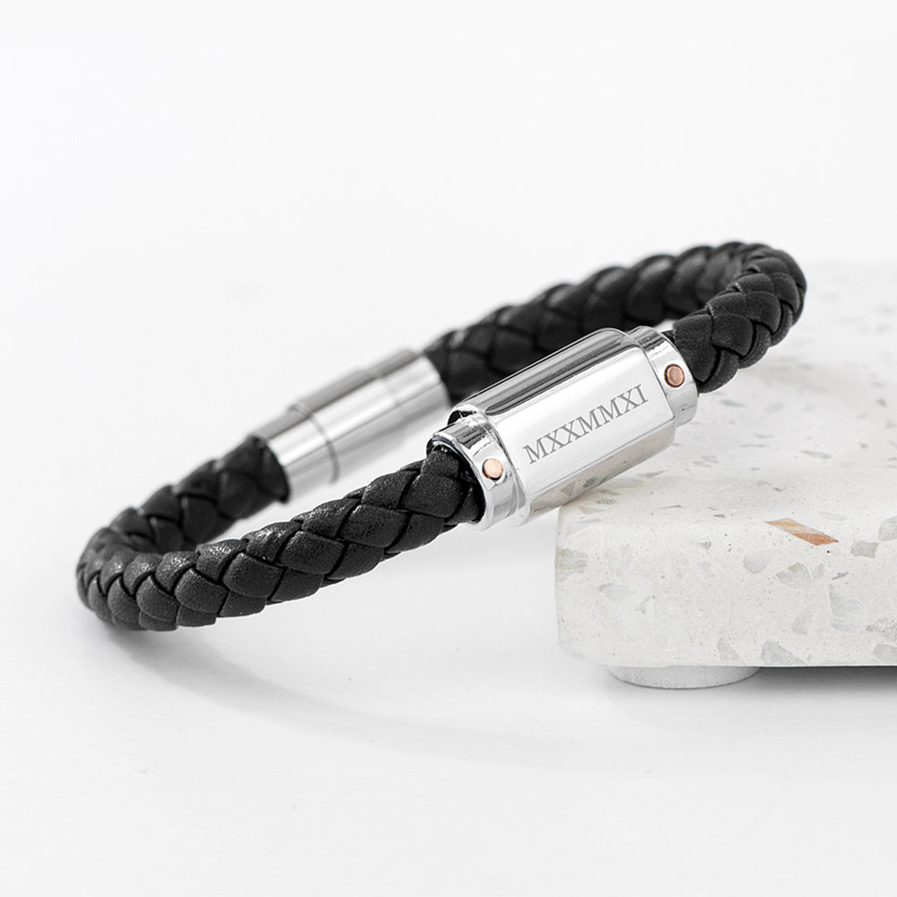 Personalised Men's Roman Numerals Luxury Black Leather Bracelet