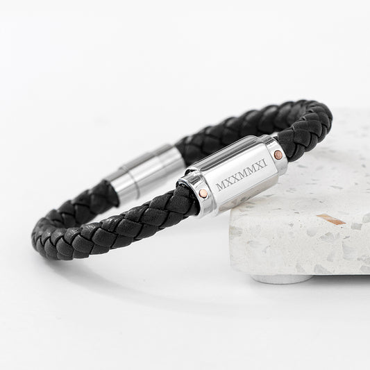 Personalised Men's Roman Numerals Luxury Black Leather Bracelet