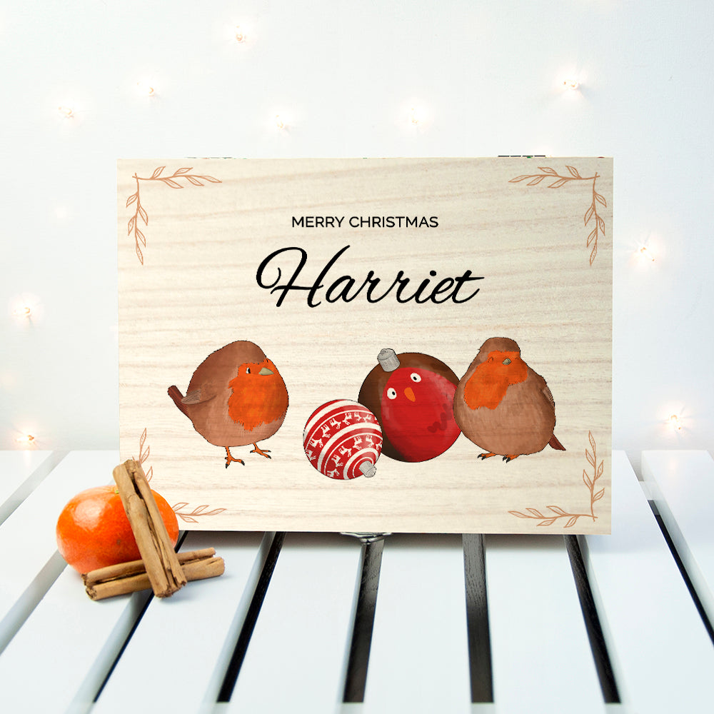 Personalised Robin Baubles Christmas Tea Box