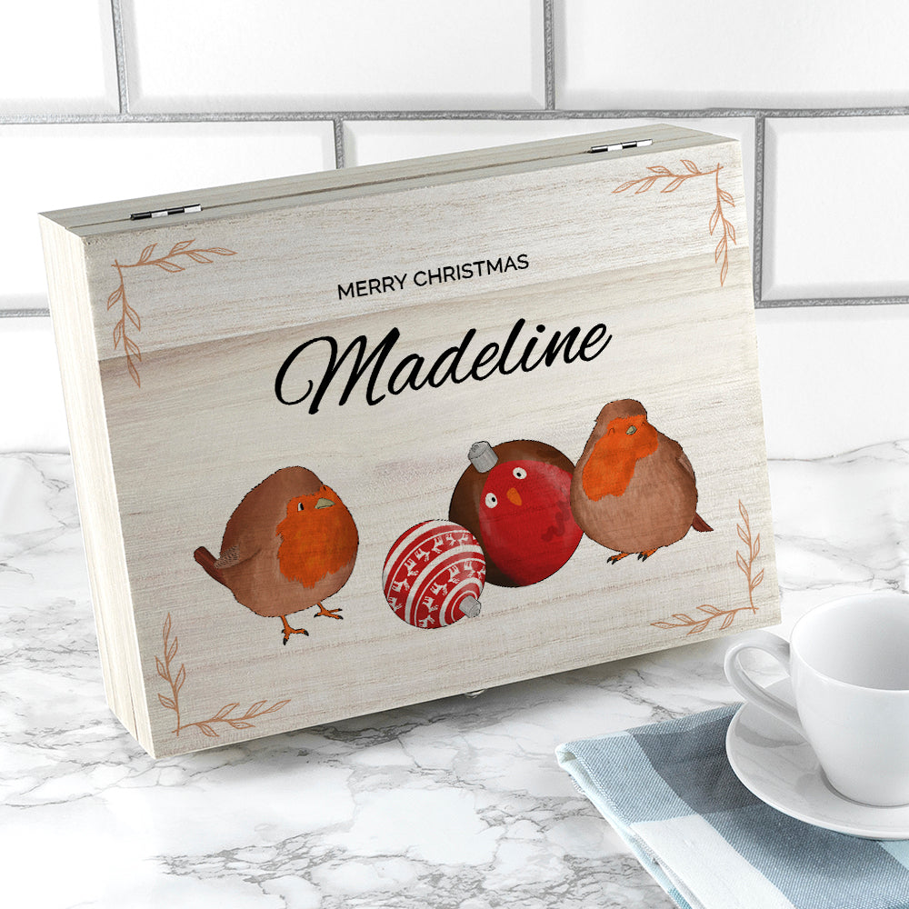 Personalised Robin Baubles Christmas Tea Box