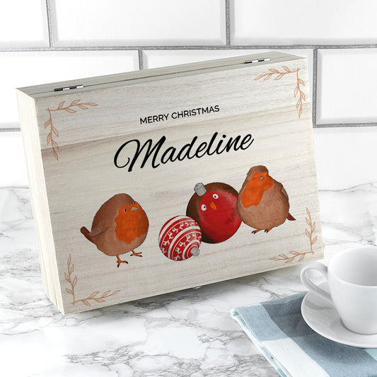 Personalised Robin Baubles Christmas Tea Box