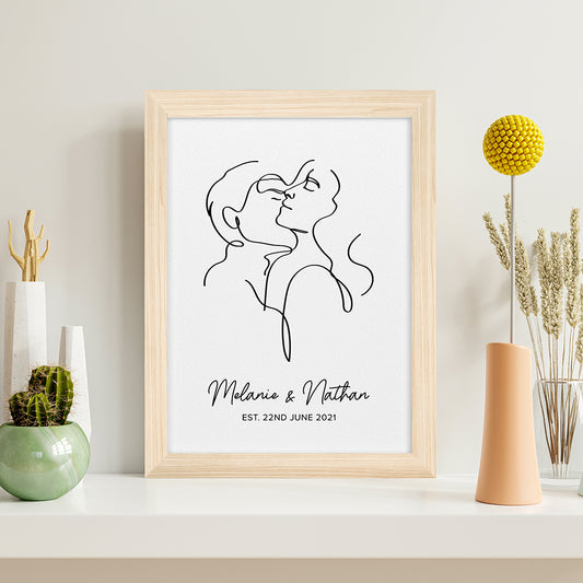 Personalised Romantic Line Art Embracing Couple Print