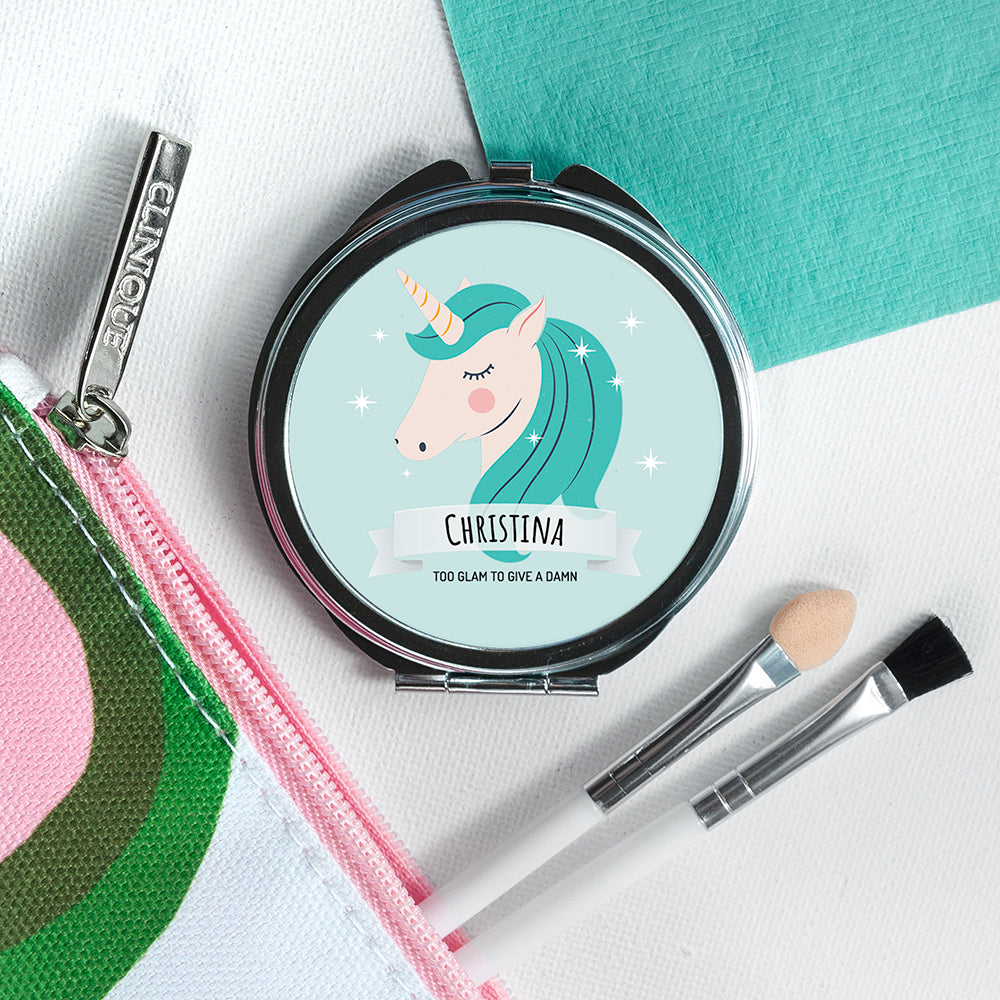 Personalised Sparkle Squad Round Blue Compact Mirror