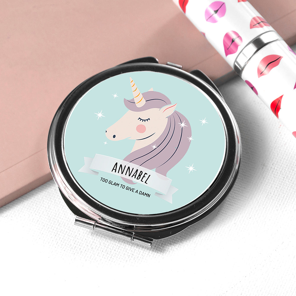 Personalised Sparkle Squad Round Blue Compact Mirror