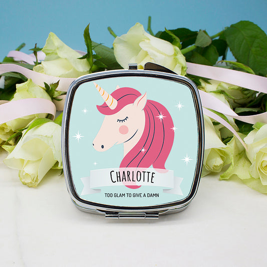 Personalised Sparkle Squad Square Blue Compact Mirror