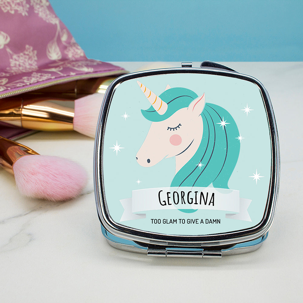 Personalised Sparkle Squad Square Blue Compact Mirror