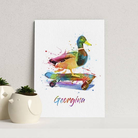 Personalised Watercolour Duck Skateboarding Print