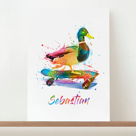 Personalised Watercolour Duck Skateboarding Print