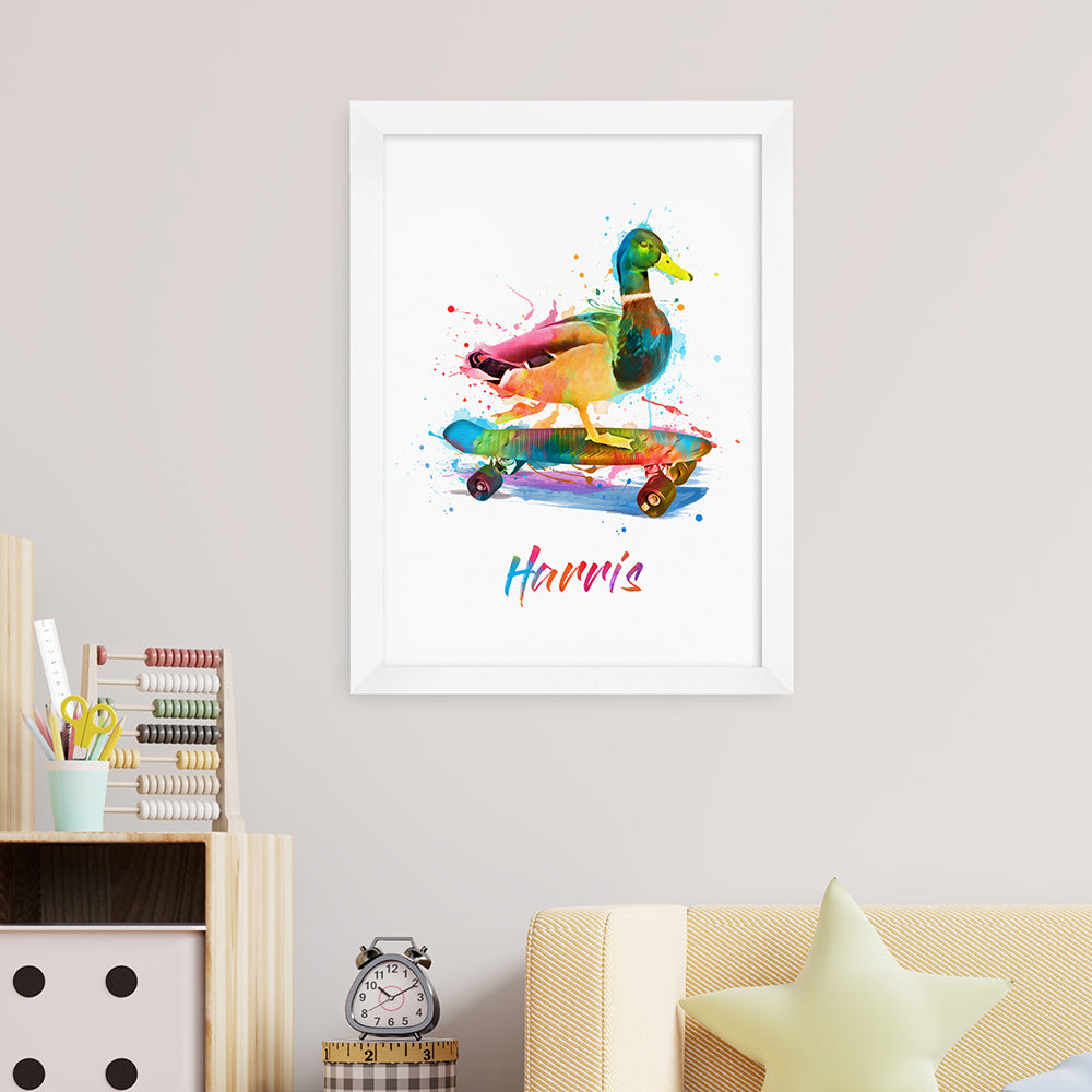 Personalised Watercolour Duck Skateboarding Print