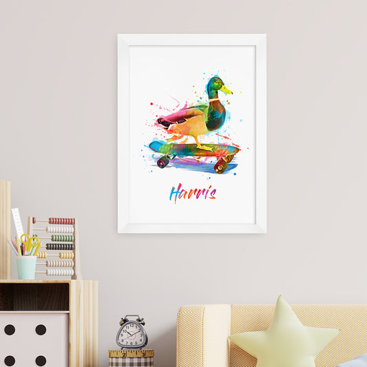 Personalised Watercolour Duck Skateboarding Print