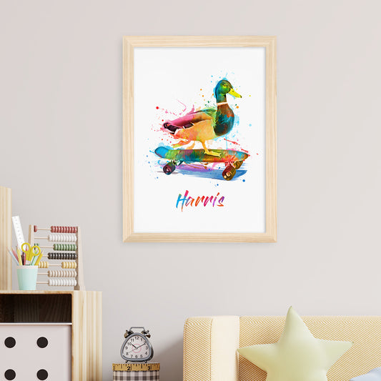 Personalised Watercolour Duck Skateboarding Print
