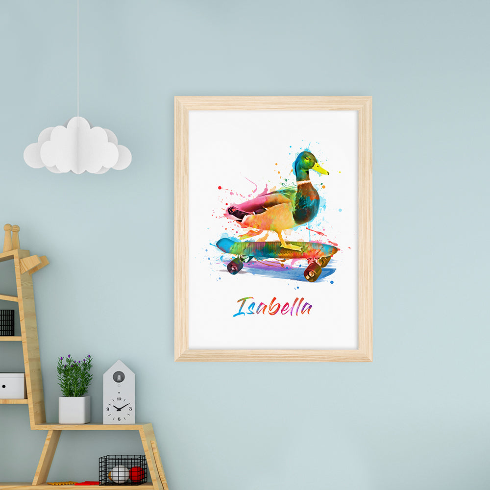 Personalised Watercolour Duck Skateboarding Print