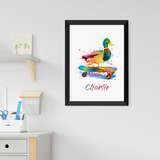 Personalised Watercolour Duck Skateboarding Print