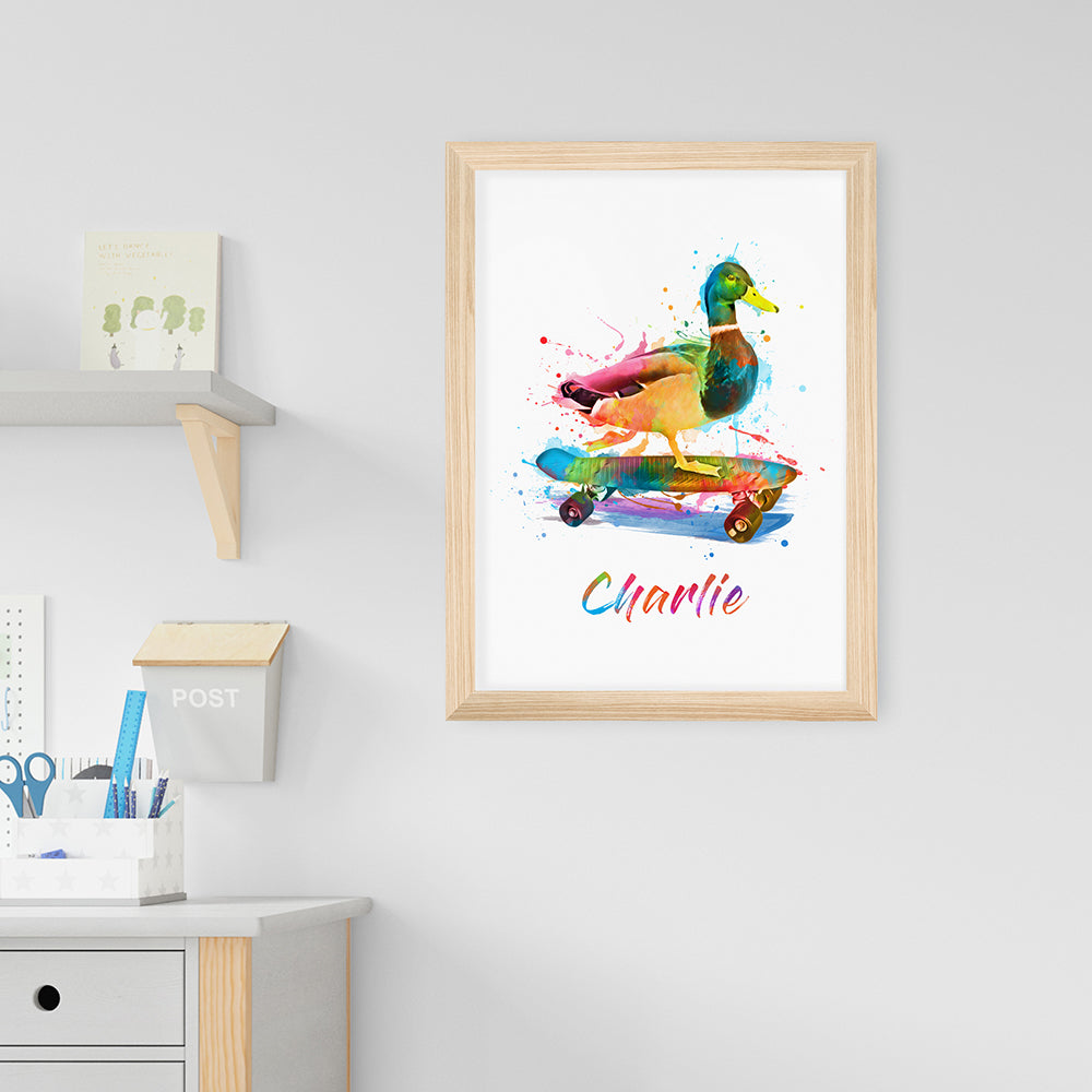 Personalised Watercolour Duck Skateboarding Print