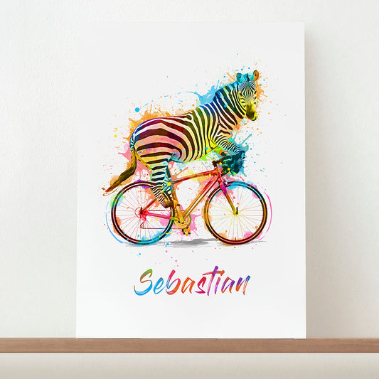 Personalised Watercolour Zebra Cycling Print