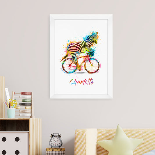 Personalised Watercolour Zebra Cycling Print