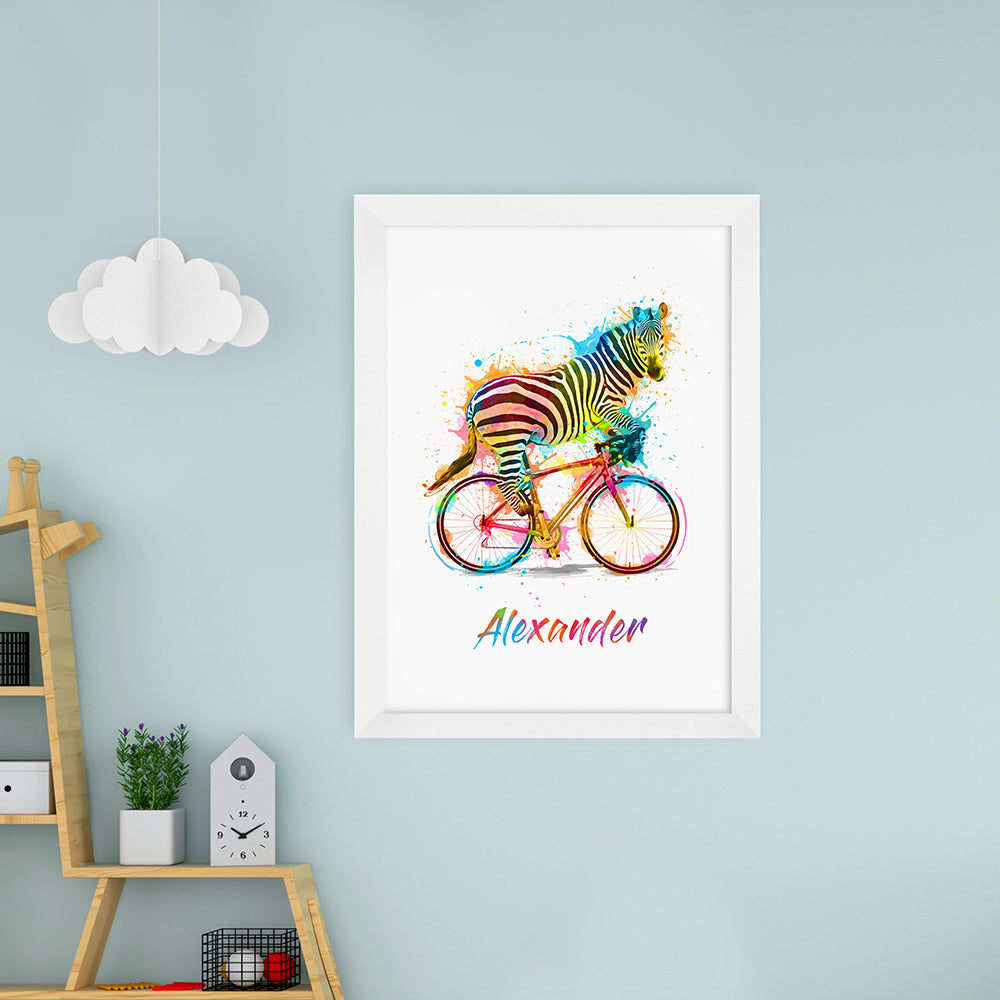 Personalised Watercolour Zebra Cycling Print