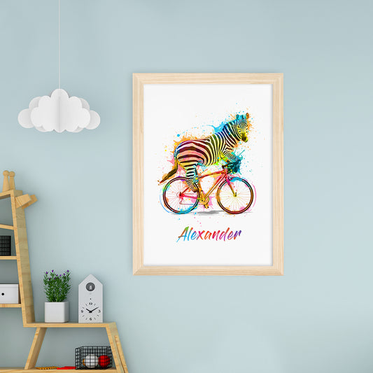 Personalised Watercolour Zebra Cycling Print