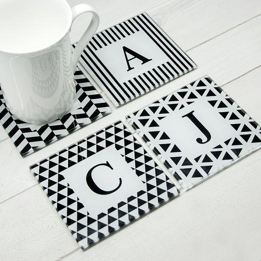 Set of Four Glass Coasters - Black & White Design