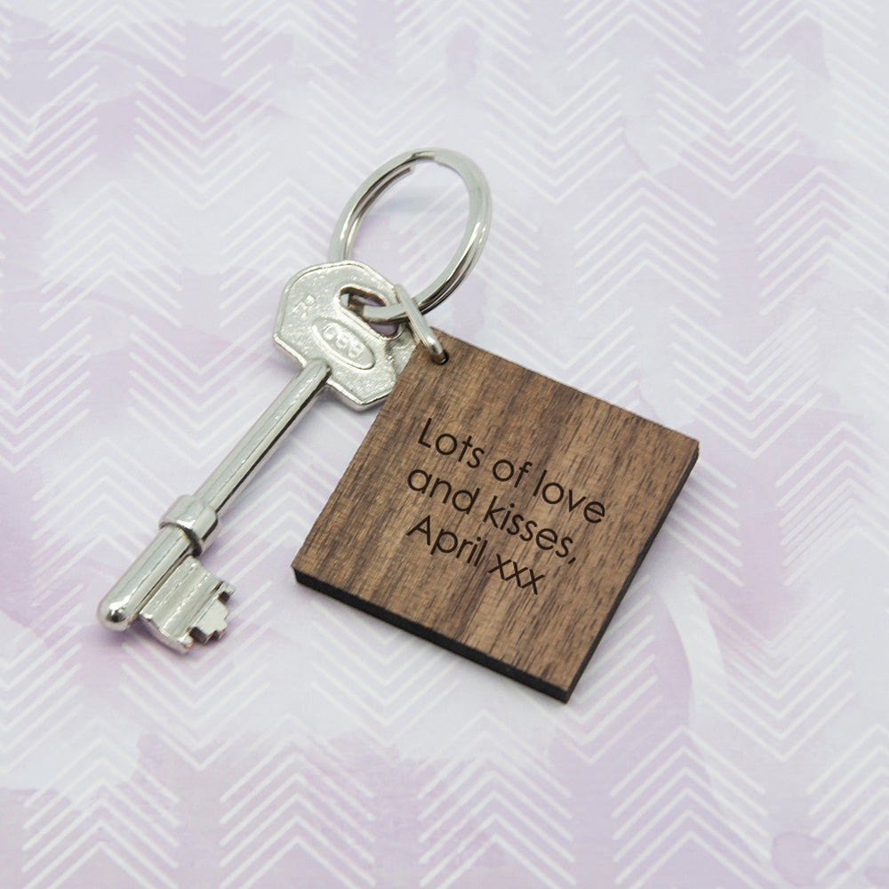 Square Wooden Key Ring - Initial decorated with leaves
