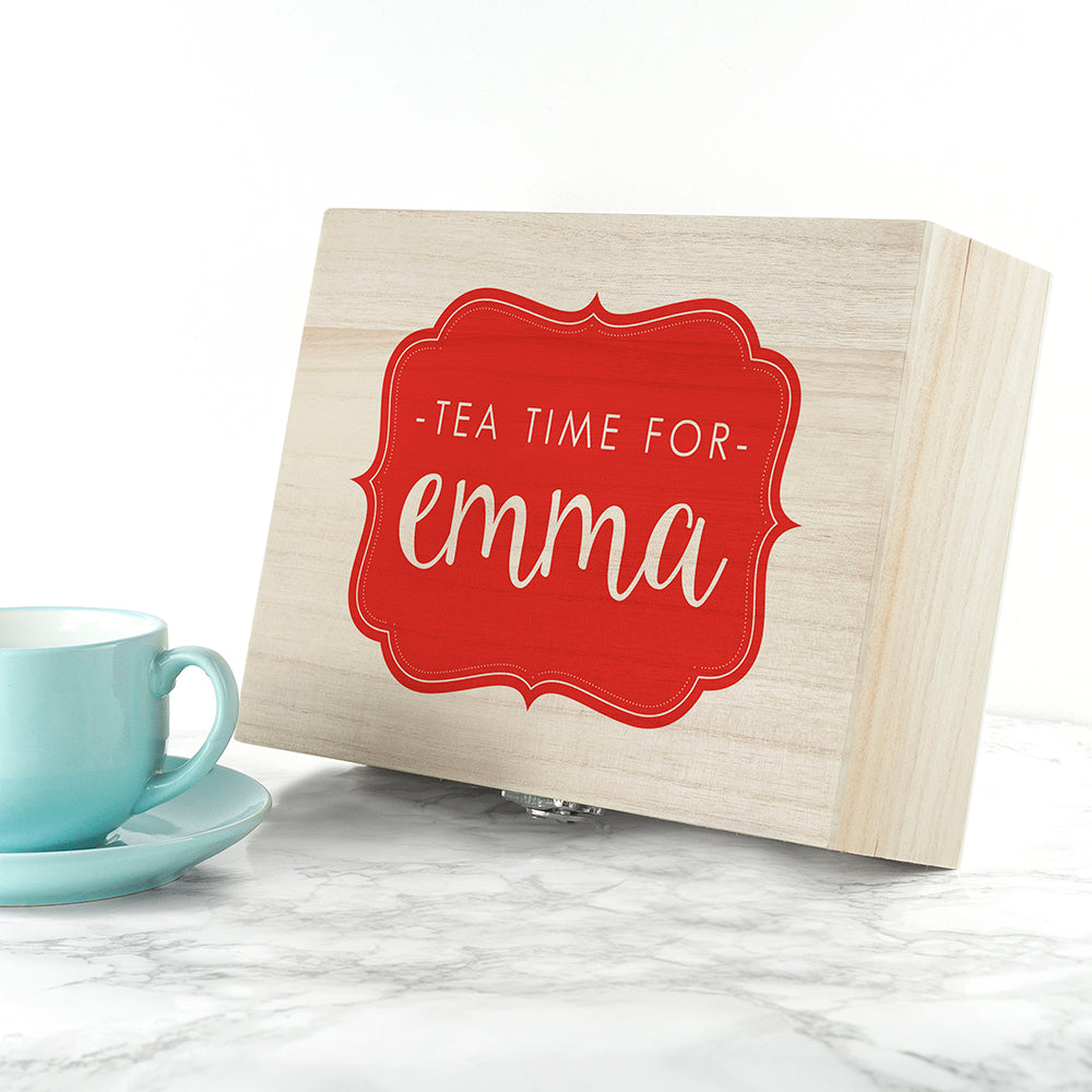 Time For Tea! Coloured Personalised Wooden Tea Box 