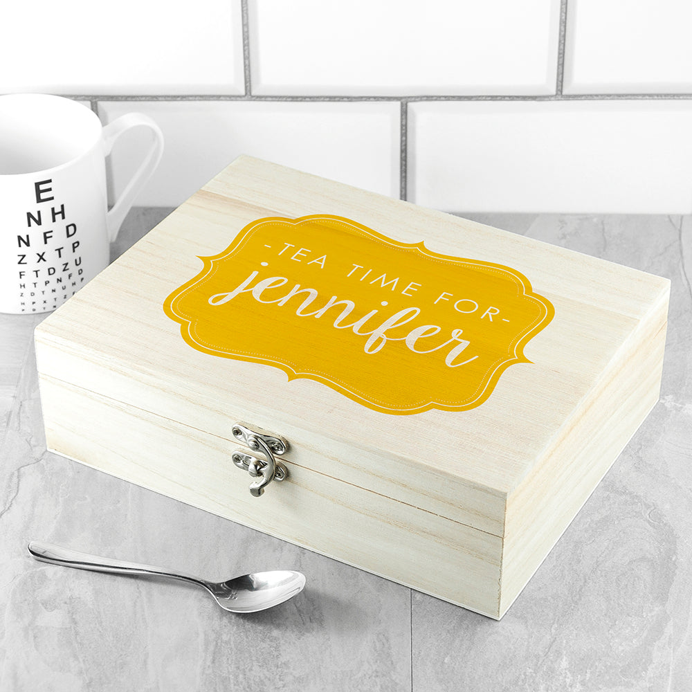 Time For Tea! Coloured Personalised Wooden Tea Box 