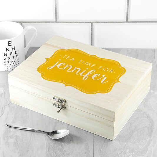 Time For Tea! Coloured Personalised Wooden Tea Box 