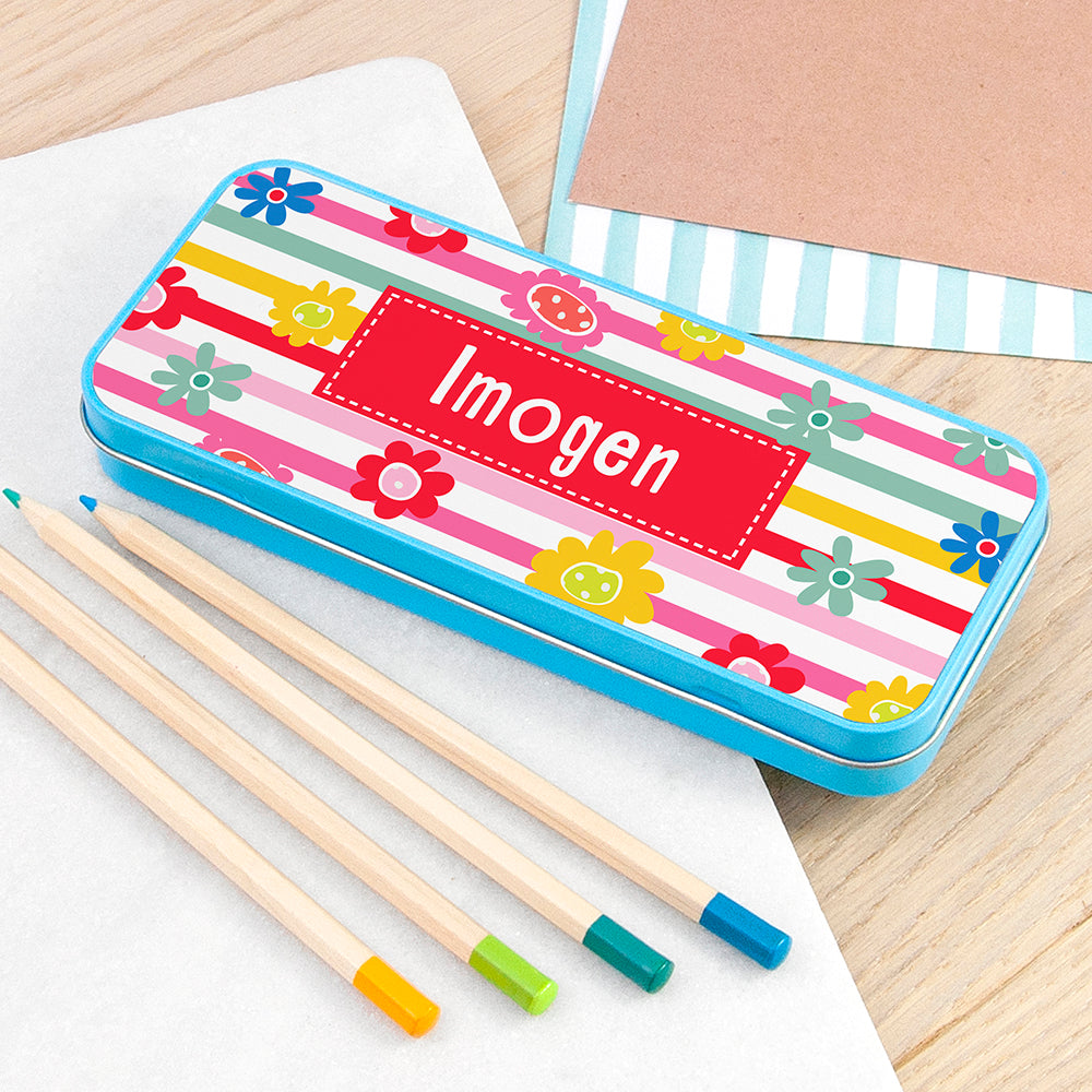 Personalised Girl's Patterned Blue Pencil Case Tin