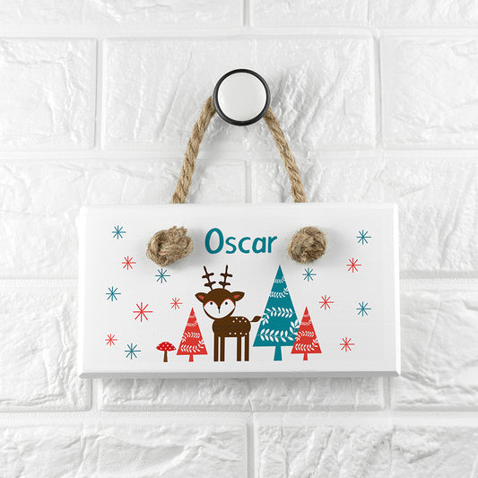 Personalised Kid's Reindeer White Door Sign