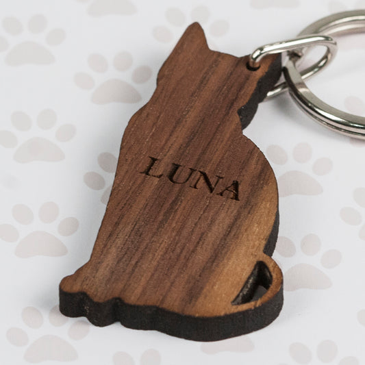 Walnut Wood Cat Shaped Keyring 